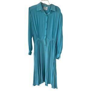Vintage Ciao Ltd Blue 100% Silk Button-Up Midi Dress Sz 14 Coquette
